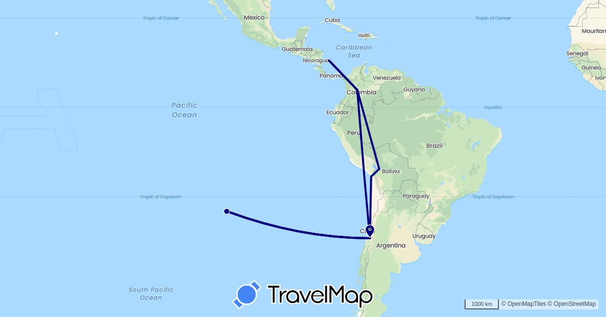 TravelMap itinerary: driving in Bolivia, Chile, Colombia (South America)